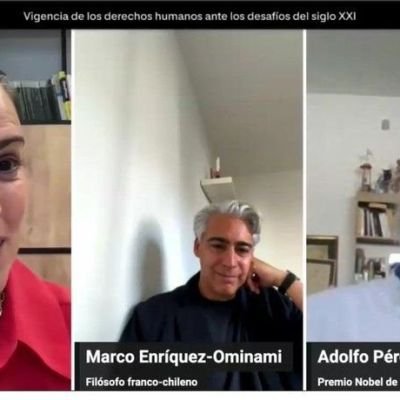 Marco Enríquez-Ominami junto a Adolfo Pérez Esquivel en conferencia de UNIR sobre derechos humanos