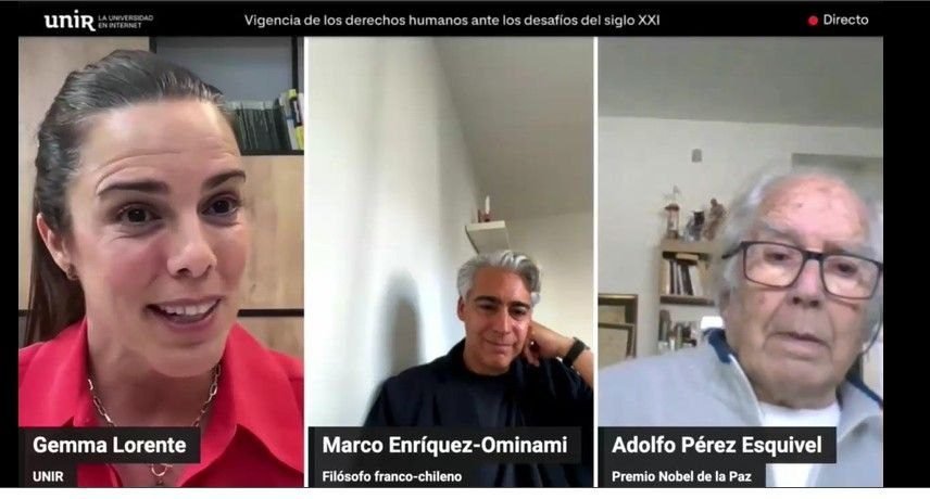 Marco Enríquez-Ominami junto a Adolfo Pérez Esquivel en conferencia de UNIR sobre derechos humanos